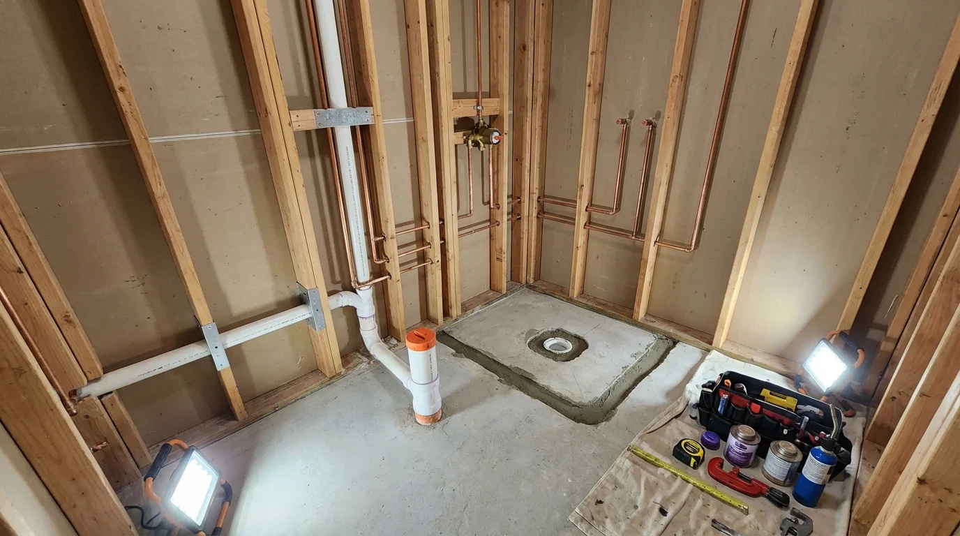 Bathroom rough-in plumbing during remodel by Johns Plumbing LLC in Newcomerstown