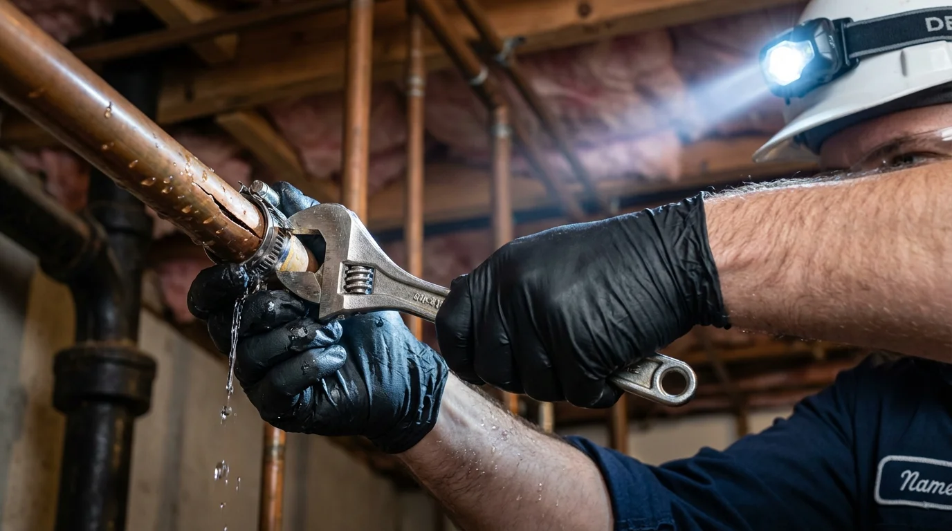 Emergency pipe clamp repair being performed by a Johns Plumbing LLC plumber in Newcomerstown
