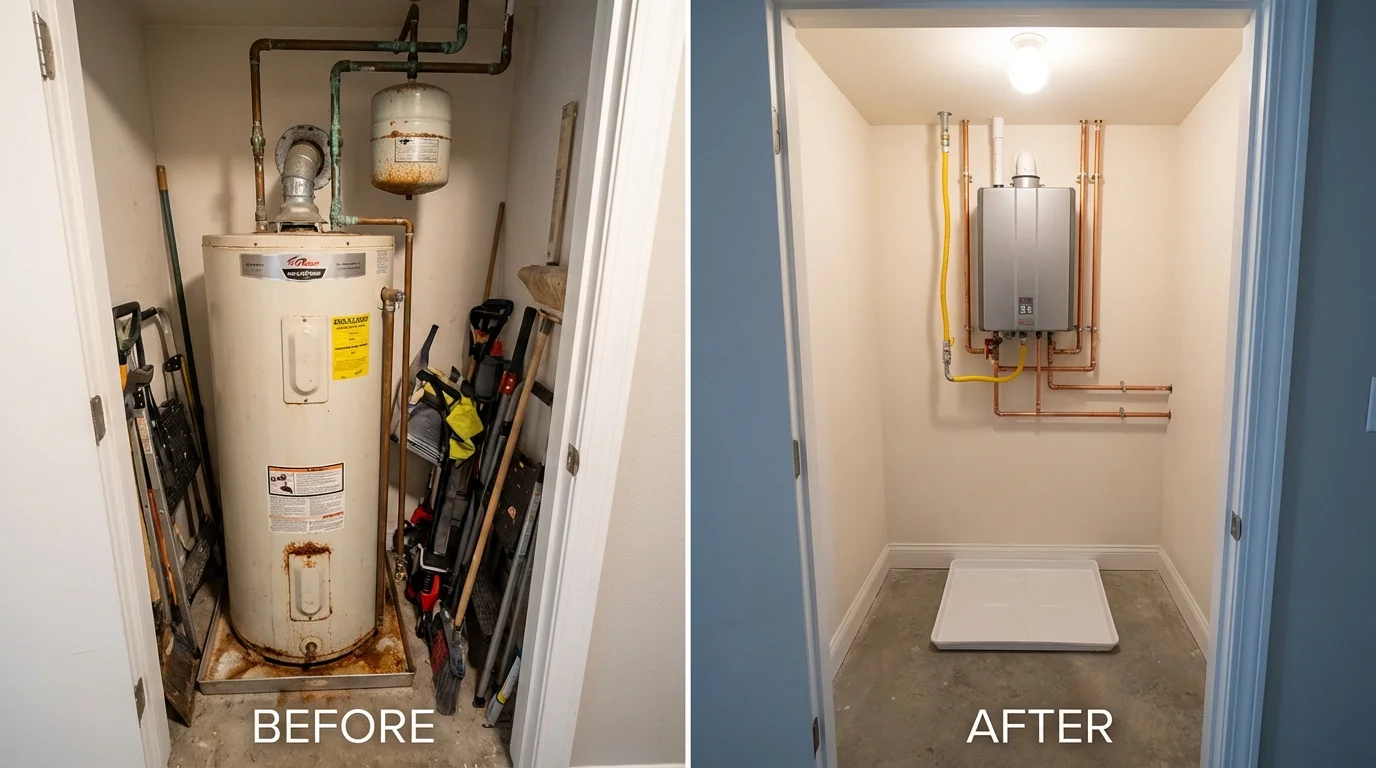Tank water heater versus wall-mounted tankless unit comparison for Newcomerstown, OH homeowners