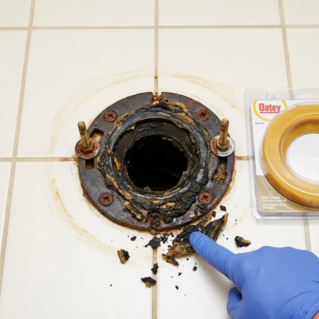 Failed wax ring showing water seepage at the base of a toilet in a Newcomerstown, OH home