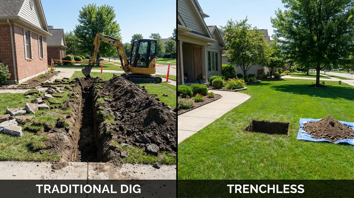 Trenchless sewer repair with minimal yard damage versus traditional excavation in Newcomerstown, OH