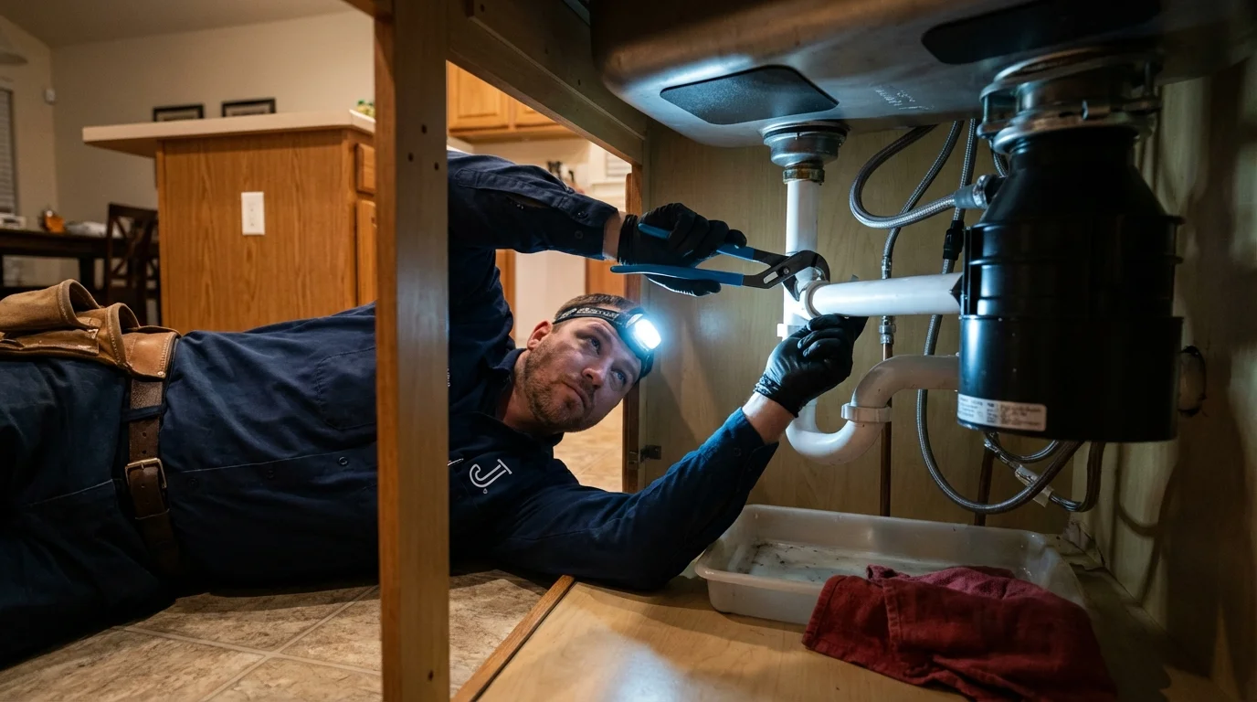 P-trap and supply line connections under a kitchen sink showing a common leak point in Newcomerstown, OH